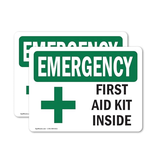 (2 Pack) First Aid Kit Inside With Symbol OSHA Emergency Sign 7 Inch X 5 Inch Vinyl Label Decal Sticker Weather Resistant, UV Protected for Workplace, Business, and Construction Site, Made in the USA