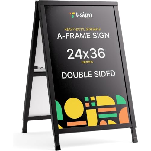 T-SIGN Outdoor A-Frame Sidewalk Sign 24x36 Inch Sandwich Board, Black Coated Steel Metal Double-Sided, Heavy Duty Slide-in Folding Frame Sign Holder, 2 Corrugated Plastic Poster Boards, Display Stand - color: Black - Corrugated Plastic Boards