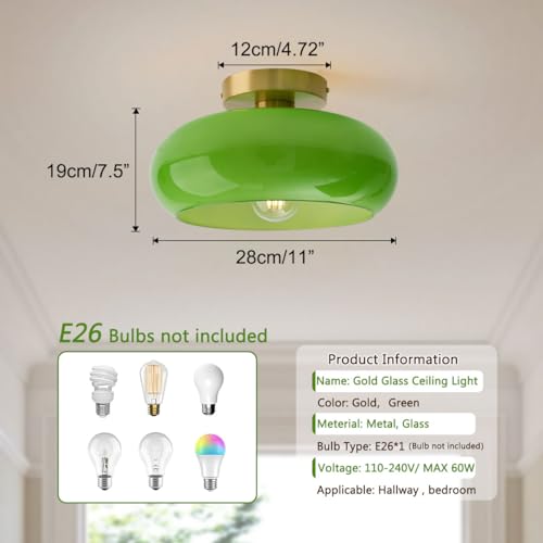 Green Ceiling Light - Mid Century Modern Flush Ceiling Light with Milk Glass Globe and Dark Green Lamp Shade in Brushed Brass Close to Lamp for Dining Room Hallway Kitchen Island - color: Flush-Green
