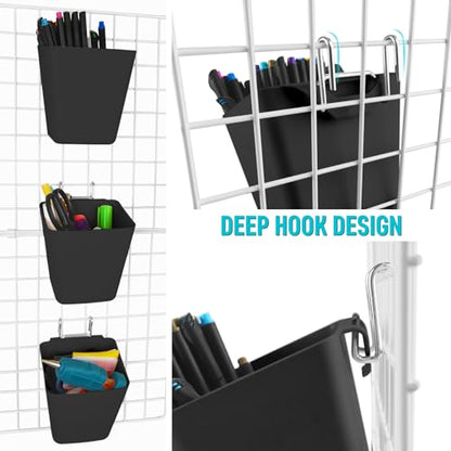 6Pack Black Grid Wall Bins Hanging Cups with Back Hook, Gridwall Shelf Bins - color: Black