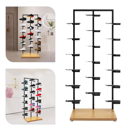 Commercial Clothing Store Shoe Rack Retail Store Shoe Display Shelf Free Standing Shoes Shelf Single Sided Shoes Racks 18 Compartments 24.25lbs Load Capacity (31.5 * 59.06in, Black, Wood) - color: Black, Wood