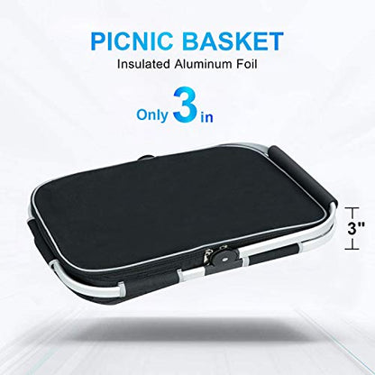 LIQING 35L Large Picnic Basket 2 Layers of Internal Pockets Leak-Proof and Insulated ，Folding with Internal Support for enhansed Stability, Wedding Gifts for Couple(Black) - color: Black