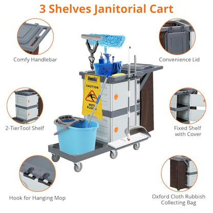 Heavy-Duty Commercial Janitorial Cleaning Cart with Dual Cabinets, 3 Storage Shelves, Vinyl Trash Bag & Smooth-Rolling Wheels – Professional Housekeeping Trolley for Hotels, Schools & Apartments - color: Grey