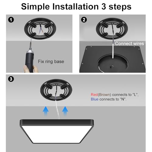 12inch 24W LED Flush Mount Ceiling Light, 5000K Square LED Ceiling Light, Black Flat Panel Lights for Bedroom, Kitchen, Living Room - color: Daylight White, size: Square-Black
