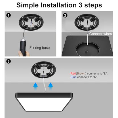 12inch 24W LED Flush Mount Ceiling Light, 3000K Square LED Ceiling Light, Black Flat Panel Lighting for Bedroom, Kitchen, Living Room - color: Warm White, size: Square-Black