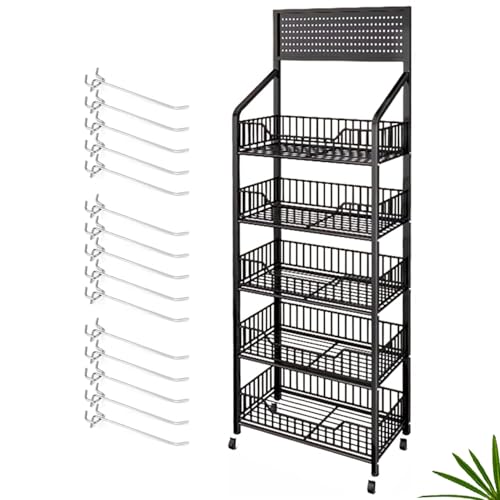 5 Tier Retail Display Racks, Freestanding Snack Rack Display Stand with 15 Hooks & 4 Wheels, Metal Snack Shelf Organizer for Supermarket Retail Store Commercial Kitchen Office, Black - size: 5Tier/10.63"D X 23.62"W X 64.96"H
