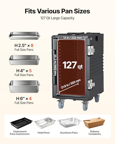 VEVOR Insulated Food Pan Carrier, 127 Qt Non-Electrical Food Warmer, with Swivel Wheel & 304 Stainless Steel Latch, LLDPE Stackable Hot Box, for Various Pan Sizes(NOT Included), Fit Catering BBQ Event - size: 25.6 x 17.7 x 30.5 in