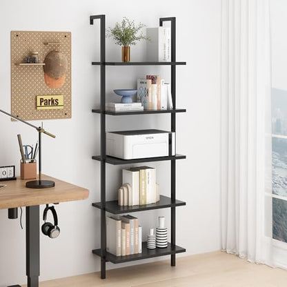 Karl home Dark Walnut 5 Tier Wall Mount Ladder Shelf, Metal Frame Bookcase - color: Dark Walnut