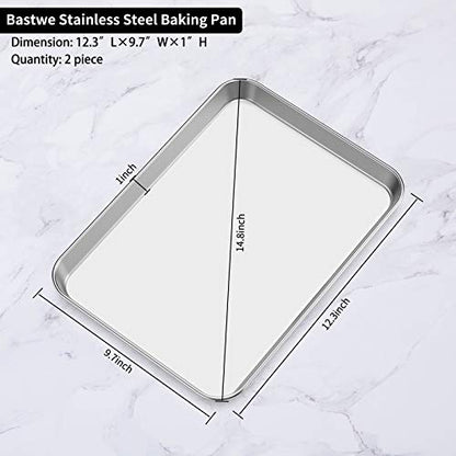 Baking Sheets 2 Pieces, Bastwe Cookie Sheets Set Stainless Steel Baking Pans Toaster Oven Tray Pans, Rectangle Size 12 × 10 × 1 inch, Rustproof & Healthy & Easy Clean & Dishwasher Safe - size: 12 inch