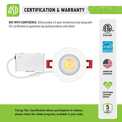 ASD 2 Inch Trimless LED Recessed Ceiling Light Fixture, Mud-in Canless Downlight with Junction Box, 5CCT Selectable 2700K-5000K, 8W 643 Lumens, CRI90+, Anti-Glare, Dimmable, IC & Wet Rated, ETL - color: White 1 Pack, size: 2" 8 Watt