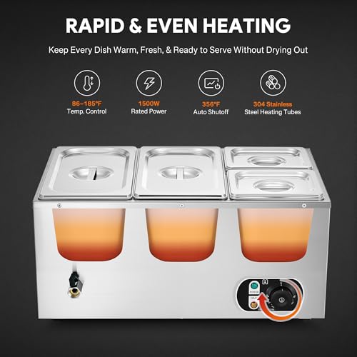 WILPREP Commercial Food Warmer with Two 1/3 & Two 1/6 Pans, 1500W Countertop Electric Warmer, 86-185°F Adjustable Temp Control, Stainless Steel Buffet Bain Marie - size: 1/3pan*2+1/6pan*2