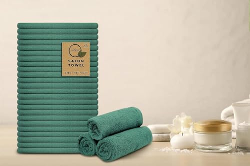 Salon Towels – Pack of 24 (16"x27") 100% Cotton Ring Spun (Not Bleach Proof) Ultra Soft, Highly Absorbent Hand Towels – Bulk for Spa, Gym & Salon (Dark Green) - color: Dark Green