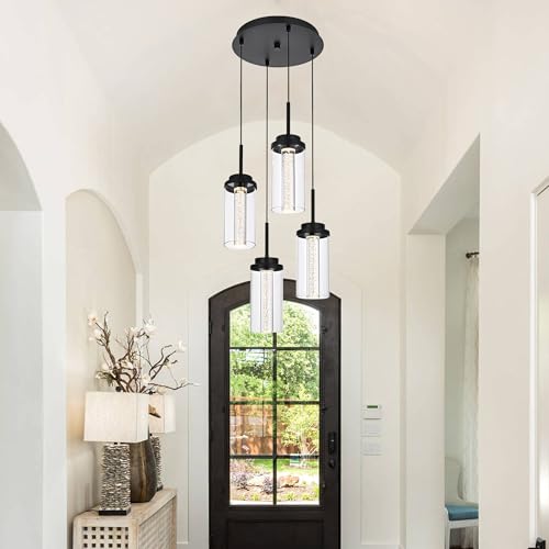 MELUCEE 4-Light Dimmable LED Pendant Light Black with Clear Glass Shade - color: Black, size: 4-Light-Round