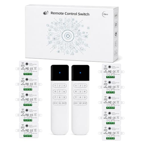 Wireless Light Switch Kit, 10A RF Remote, 2 Switches, 10 Receivers