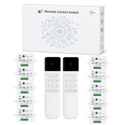 Wireless Light Switch Kit, 10A RF Remote, 2 Switches, 10 Receivers