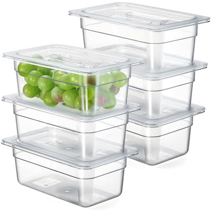 CURTA 6-Pack 1/4 Size 4" Deep NSF Polycarbonate Food Pans with Handled Lids & Drain Trays | Dishwasher & Freezer Safe Clear Container for Prep Tables, Buffet, Salad Bar, Commercial & Home Kitchen - color: 1/4 Size, size: 4" Deep Pan with Lid