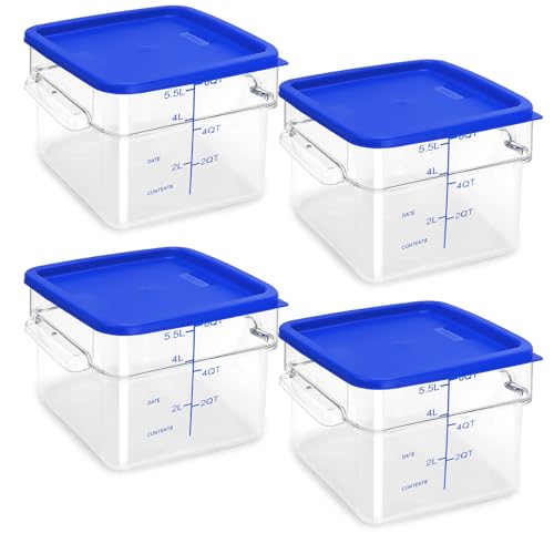 4 Pack Food Storage Containers with Blue Lids, 6.0 Qt - Square, Clear, Polycarbonate, for Restaurant Commercial Kitchen and Home party - color: 6.0 Qt-Blue Lids