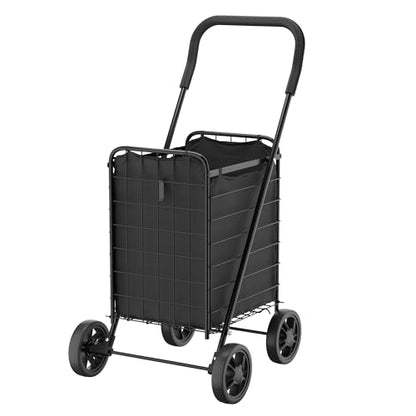 Whitmor Foldable Utility Shopping Cart with Wheels, 60Lb Capacity, Heavy Duty Grocery Cart with Steel Frame, Foam Handle, Rolling Utility Cart for Grocery, Laundry, Travel, Black/w Liner - size: 18.5"L x 18.5"W x 35"H，Black w/Liner