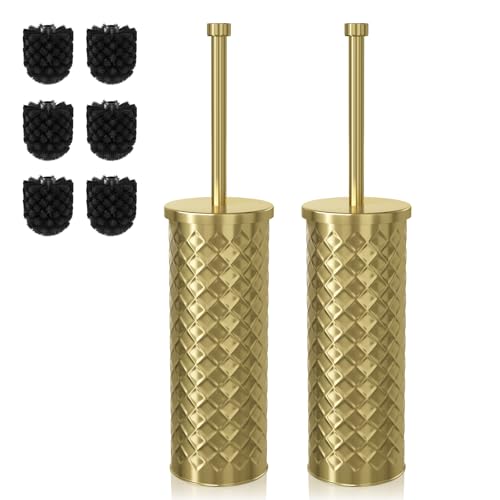 Toilet Bowl Brush and Holder Set 2 Pack with 4 Extra Brush Heads (Gold) - color: Gold