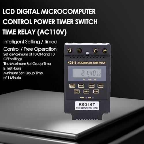KG316T Digital Programmable Timer Switch, Microcomputer Power Relay Controller with LCD Display, 25A 110V AC, 10 On/Off Programs 1min-168h Timing for Lights Fans Motors Appliances