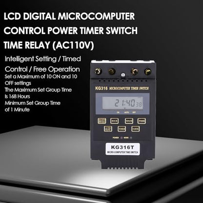 KG316T Digital Programmable Timer Switch, Microcomputer Power Relay Controller with LCD Display, 25A 110V AC, 10 On/Off Programs 1min-168h Timing for Lights Fans Motors Appliances