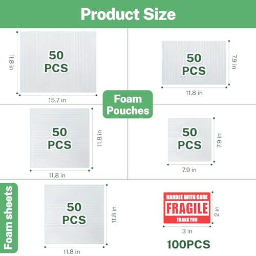 350 Pcs Dish Packing Supplies for Moving, 250 Cushion Foam Pouches(4 Sizes 16x12'',12x12'',12x8'',8x8'') and Foam Sheets(12x12'') with 100 Fragile Stickers for Packing,Storage,Shipping
