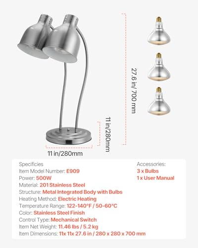 VEVOR Food Heat Lamp, 500W Electric Commercial Food Warmer Light, 2-Head Stainless Steel French Fry Heating Lamp with 3 Bulbs, Catering Food Warming Equipment for Kitchen, Buffet, Restaurant, Silver