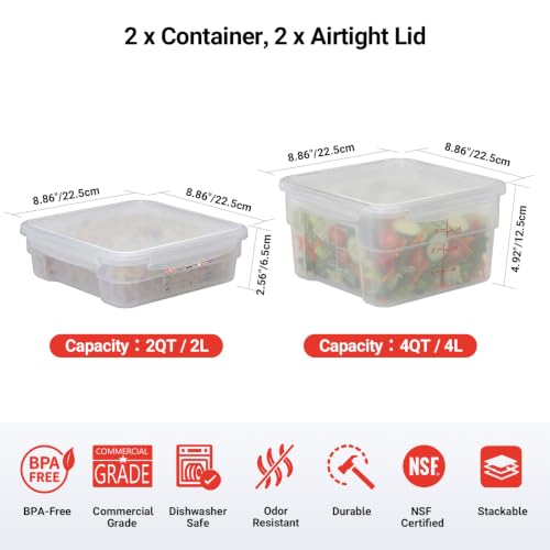 2 Pack Airtight Commercial Food Storage Set, 2 QT & 4 QT BPA-Free Translucent Polypropylene, Stackable, Gold Scale Markings for Dry Ingredients, Shallow Model - size: 2(QT)+4.0(QT)-Shallow