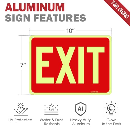 T&R Exit Sign - 4 Pack - 10 x 7 Inches Rust Free .040 Aluminum Glow-In-The-Dark - UV Protected, Waterproof, Weatherproof and Fade Resistant - 4 Pre-drilled Holes - color: Red - 10" x 7" - 4 pack - Glow-In-The-Dark