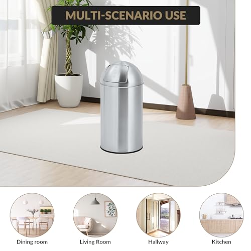 Heavy Duty Stainless Steel Public Trash Can – 13 Gallon (50l), Push Lid & Removable Inner Metal Bucket, Fingerprint-Proof, Durable Cylindrical Bin for Commercial and Public Spaces