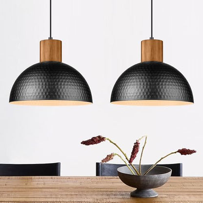 ELYONA 2 Pack Hammered Pendant Lights, 12" Industrial Metal Dome Hanging Lamp, Solid Wood Pendant Light Fixtures for Kitchen Island, Bar, Farmhouse, Dining Room, Bedroom, Hallway, Black - color: Black - 2 Pack