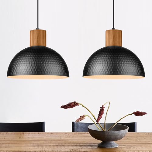 ELYONA 2 Pack Hammered Pendant Lights, 12" Industrial Metal Dome Hanging Lamp, Solid Wood Pendant Light Fixtures for Kitchen Island, Bar, Farmhouse, Dining Room, Bedroom, Hallway, Black - color: Black - 2 Pack