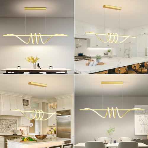 Modern LED Pendant Lights Kitchen Island, 57in Gold Chandelier Dimmable with Remote Control 3000k-6000K Adjustable, Aluminum Island Lighting Lamp Fixture for Kitchen, Dining Room - color: A-Gold, size: 57inch