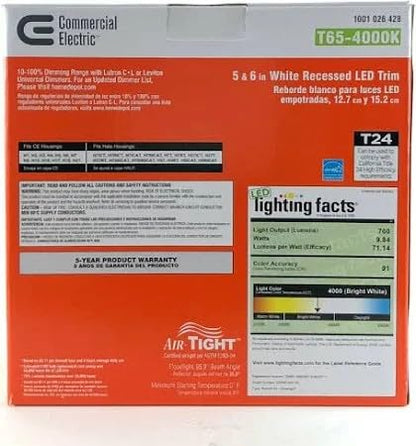 Commercial Electric 5 and 6 Inch LED Recessed Trim Light Can Light, T65-4000K, Bright White, 710 Lumens, Aluminum, Dimmable, Wet Location Rated (Standard, 2, Count)