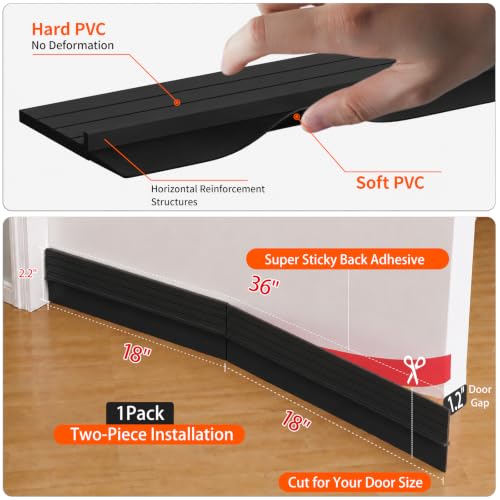2Pc Total 72" Hard Door Draft Stopper,Door Sweep for Bottom of Door - color: Black, size: 2 Pcs