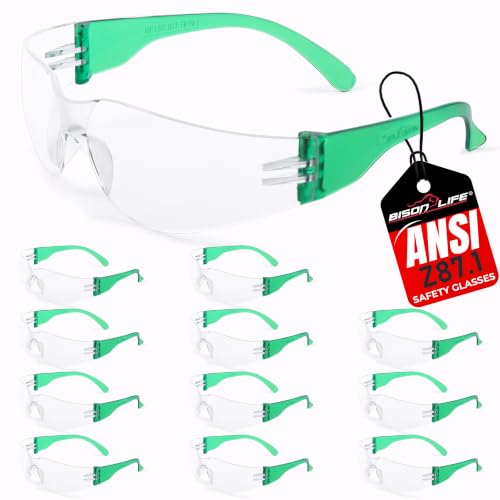 BISON LIFE Clear/Green Safety Glasses for Men & Women, ANSI Z87.1, 12 Pack - color: Clear/Green