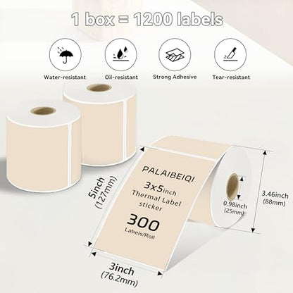 3x5 Inch Thermal Labels,Rectangle Sticker,1200PCS Water Proof Shipping Labels with Strong Adhesive,Compatible with Zebra & Rollo,for Moving Boxes,Inventory,4 Rolls of Light Brown - color: 4 Rolls of Light Brown