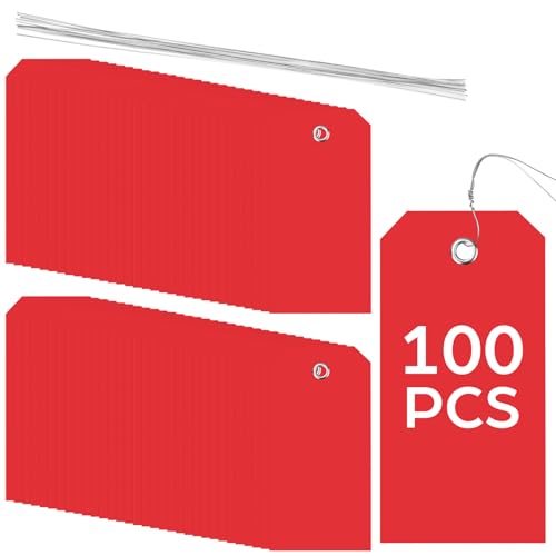 100 Pack Red Plastic Shipping Tags with Wire Ties, 4.72 x 2.36 inches Heavy Duty Industrial Hang Tags, Blank Identification Labels for Warehouse, Inventory & Outdoor Equipment (Red) - color: Red