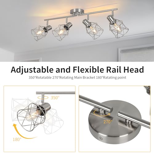 WILON Ceiling Lighting Fixtures,4 Way Track Light Fixture,4 Ceiling Spotlight,Kitchen Island Lighting Semi Flush Mount,Kitchen Track Lighting Flexibly Rotatable Light Head,E26 Base - color: Brushed Nickel, size: 4-Light-Cage