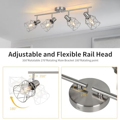 WILON Ceiling Lighting Fixtures,4 Way Track Light Fixture,4 Ceiling Spotlight,Kitchen Island Lighting Semi Flush Mount,Kitchen Track Lighting Flexibly Rotatable Light Head,E26 Base - color: Brushed Nickel, size: 4-Light-Cage