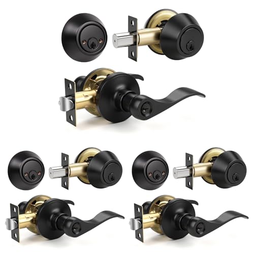 Knobonly 3 Set Entry Door Lever and Deadbolt Lock Set, Deadbolts Keyed Both Sides, All Keyed Same, Wave Style Front and Exterior Door Handleset with Double Cylinder, Matte Black Finish - color: Matte Black, size: 3 Pack, style: Double Cylinder