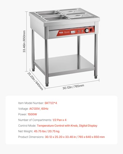 VEVOR 4-Pan Commercial Food Warmer, 4 x 1/2 Pans Electric Steam Table, 1500W Professional Buffet Catering Food Warmer with Undershelf, Stainless Steel Server for Restaurant Party Hotel - size: 4-Pan