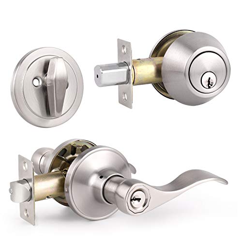 Knobonly Entry Door Handle Set with Single Cylinder Deadbolts, All Keyed Alike, Satin Nickel Finish Door Levers with Lock&Keys, 1 Set, Wave Style Door Handleset Combo Pack - color: Satin Nickel, size: 1 Pack, style: Single Cylinder