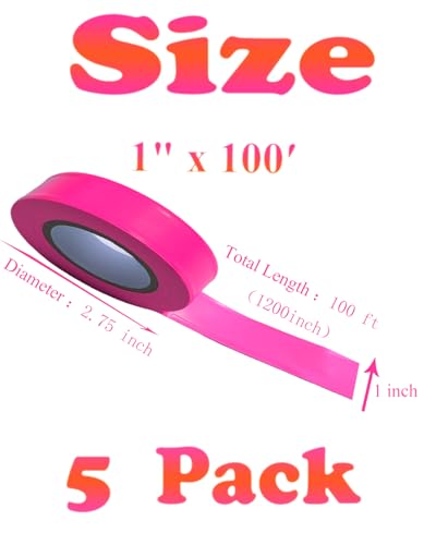 5 Rolls Flagging Marking Tape Pink,Non-Adhesive Survey Tape,Hi-Vis Plastic Ribbon Outdoor,Fade-Resistant for Surveyors Tree Hunting Trail Boundaries & Hazardous Areas Workplace (1" x 100′/Roll) - color: Pink