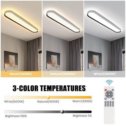 ADISUN Modern LED Ceiling Light Dimmable Linear Ceiling Light 39.4in Semi Flush Mount Long Lights with Remote Control and Side Lighting for Living Room Kitchen Dining Room (65W) - color: Black-1Pack, size: 39 Inch