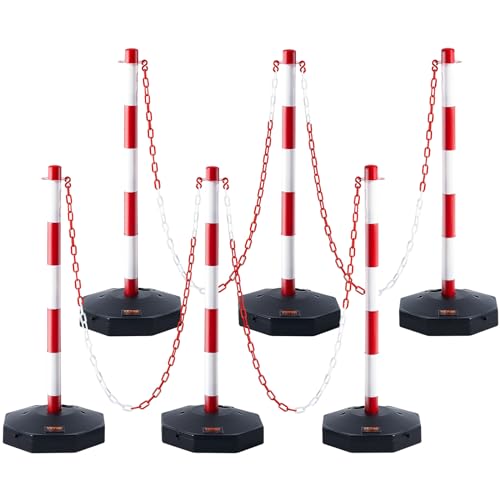 VEVOR Adjustable Traffic Delineator Post Cones, 6 Pack, Traffic Safety Delineator Barrier with Fillable Base 6.6FT Chain, for Traffic Control Warning Parking Lot Construction Caution Roads, Red&White - color: Red & White, size: 6 Pack