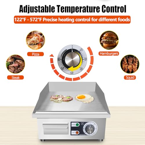 14" Commercial Electric Griddle,Electric Countertop Flat Top Griddle,110V 1500W Electric Flat Top Grill,Non-Stick Restaurant Teppanyaki Stainless Steel Grill,Adjustable Temperature Control - style: 14''