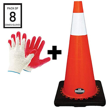 28" RK Orange Safety Traffic PVC Cones, Black Base with One Reflective Collar (8 Cones + (8 Pairs) Knit Red Palm Gloves) - size: 8 Cones + (8 Pairs) Knit Red Palm Gloves