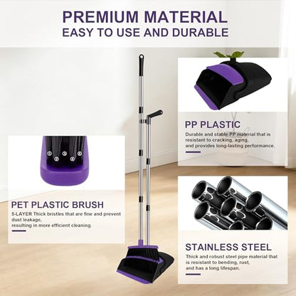 Broom and Dustpan Set, 51" Long Handle Broom with Built-in Comb - Purple - color: Purple, size: Standard