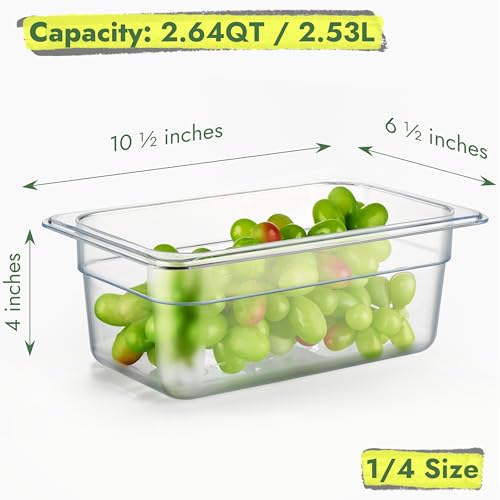CURTA 6-Pack 1/4 Size 4" Deep NSF Polycarbonate Food Pans with Handled Lids & Drain Trays | Dishwasher & Freezer Safe Clear Container for Prep Tables, Buffet, Salad Bar, Commercial & Home Kitchen - color: 1/4 Size, size: 4" Deep Pan with Lid